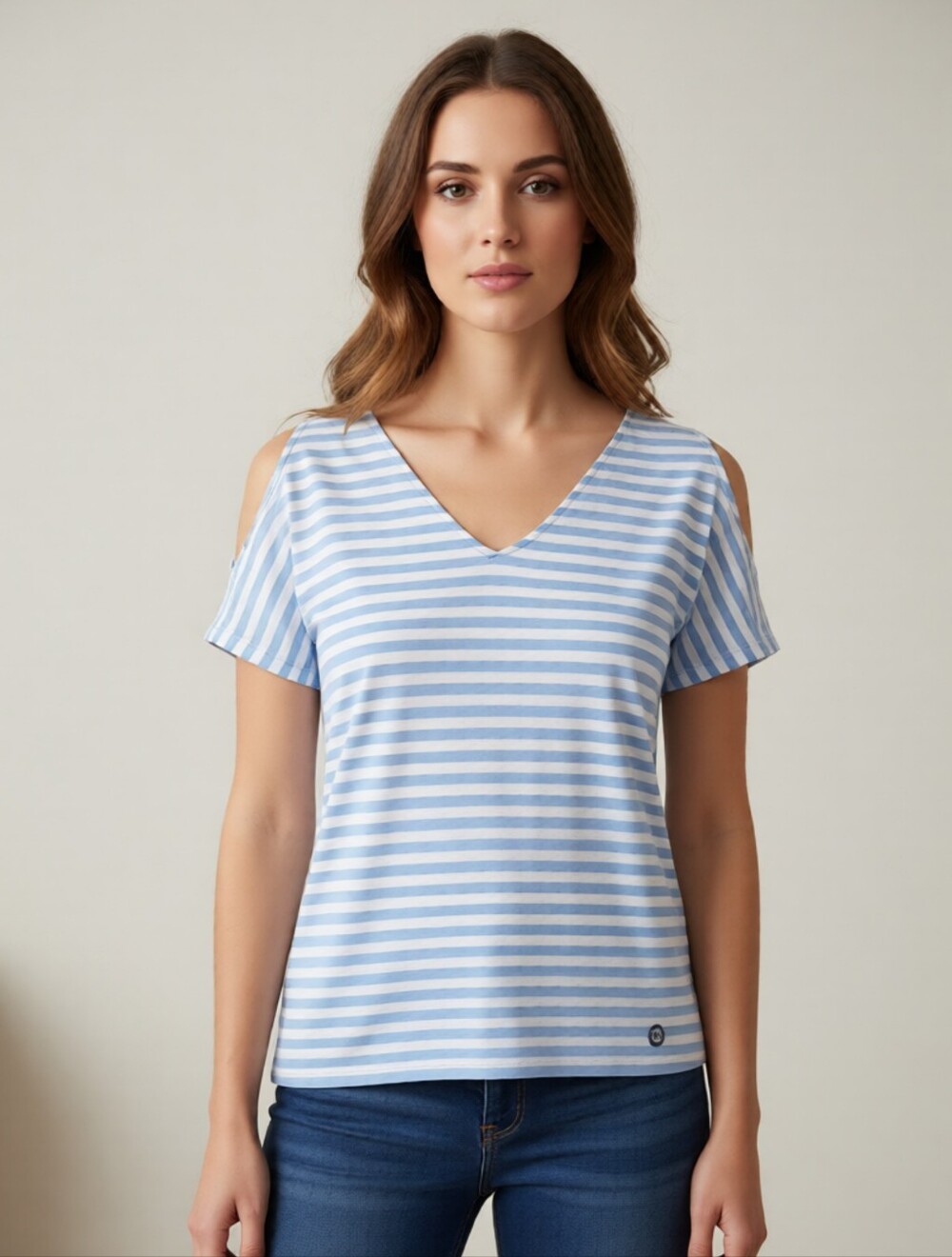 Michael Kors Blue & White Striped Cold-Shoulder V-Neck Top